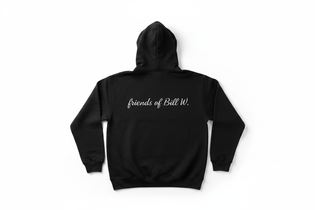 Friends of Bill W. script on back of The Loft Group hoodie