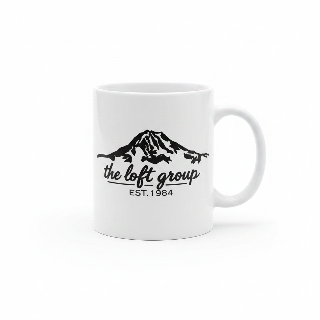 The Loft Group Est. 1984 white coffee mug with black mountain graphic