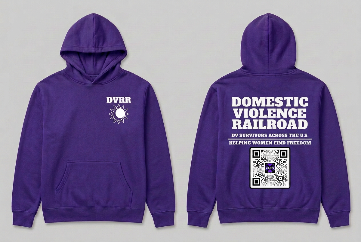 Front and back views of a purple DVRR pullover hoodie with white chest emblem and Domestic Violence Railroad back artwork.
