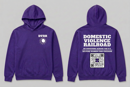 Front and back views of a purple DVRR pullover hoodie with white chest emblem and Domestic Violence Railroad back artwork.