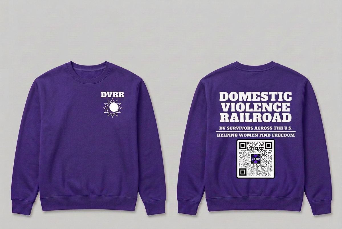Purple DVRR crewneck sweatshirt front and back mockup.