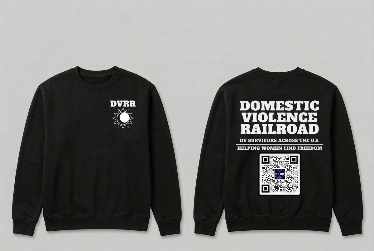 Black DVRR crewneck sweatshirt front and back mockup.
