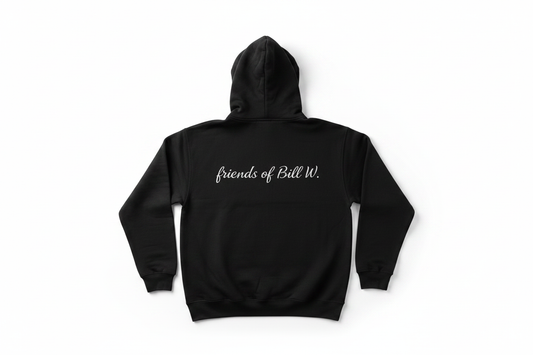 Friends of Bill W. script on back of The Loft Group hoodie